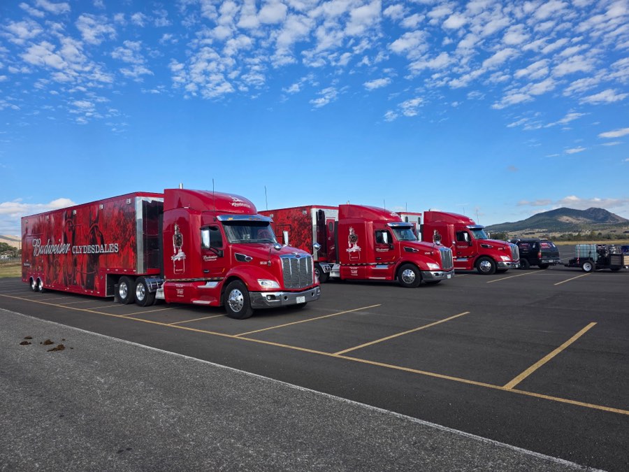 Row of Budweiser Clydesdales tractor-trailers with the Velocity Racing wash rig parked at the end