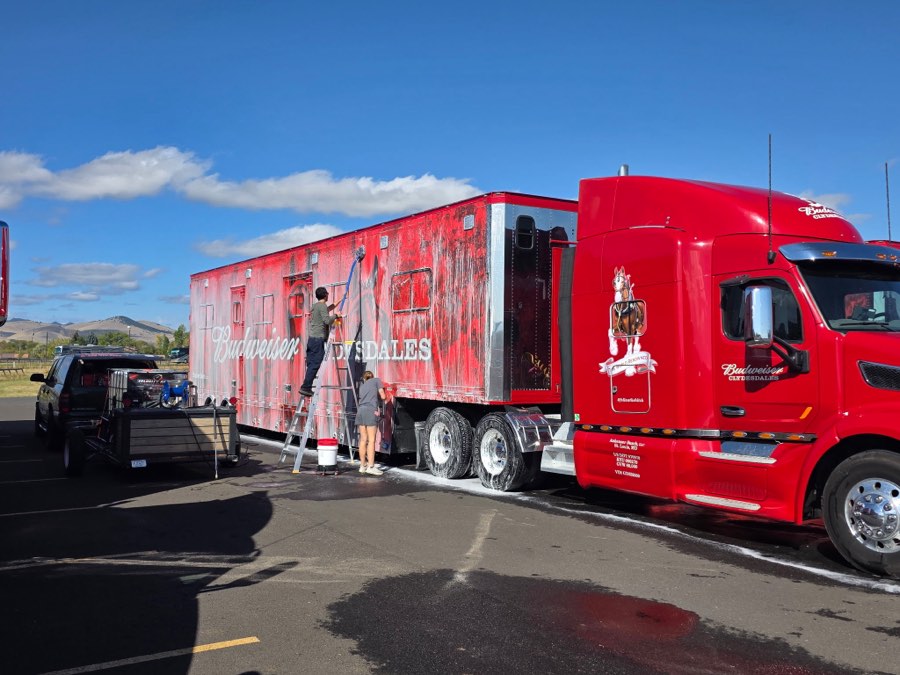 Foam wash in progress on a Budweiser Clydesdales trailer
