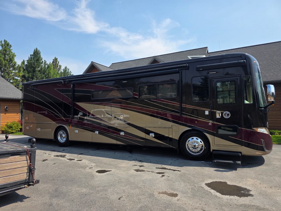 Class A motorhome after an exterior wash and polish